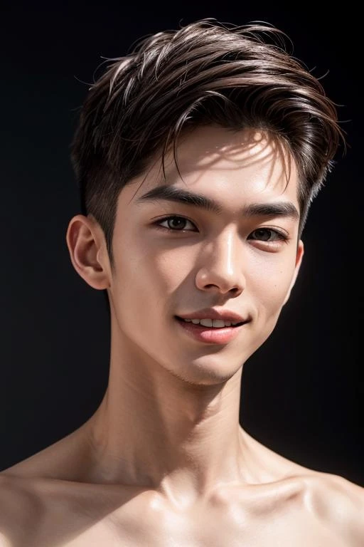 ((masterpiece)),((bestquality)),8k,high detailed,ultra-detailed,photography,award winning,documentary,Original Photo,Realisticity,(simple background:1.35),
1boy,solo,Asian slim boy,male focus,solo,handsome male face,real skin texture,well-proportioned hands,think eyebrow,medium full shot,((((topless male)))),(different face features:1.45),High Fade Haircut,
([LED lighting|Zoom lighting|Back lighting|Dark light]),(in the studio,[Golden Ratio|Portrait|Cinematic Shot]),[looking over glasses|Smelling|glove biting|arm grab|prone bone|Flexing],<lora:add_detail:1>,<lora:muscle_slider_v1:-0.4>,<lora:weight_slider_v2:-0.35>,Kind Smile,Open Mouth,