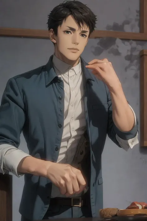 1boy, zuojiujian, <lora:zuojiujian-v2-000008:1>,solo, male focus, handsome face, Neutral pose, Neutral expression, smile, Dramatic lighting, portrait, Manga style, watch to the viewer,, ((masterpiece)),((bestquality)),8k,high detailed,ultra-detailed, Short hair, Black hair, straight hair,