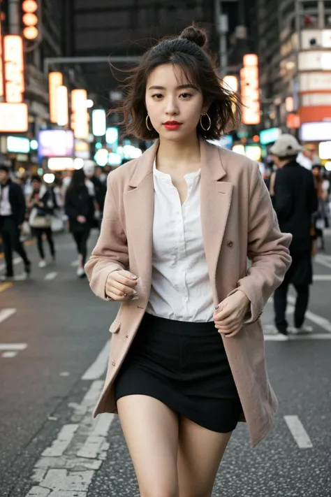 (masterpiece:1.35),(bestquality:1.4),8k,ultra-detailed,photography,(ultra-realistic:1.4),Art Composition,1girl,(solo:1.412),portrait,nail polish,Asian girl,high-quality photo,(looking at viewer:1.46),hair bun,cinematic film still,shallow,depth of field,vignette,bokeh,cinemascope,epic,gorgeous,film grain,fashionable outfit,red long coat,shirt,black short skirt,high-heeled shoes,black hair,earrings,red lipstick,(Tokyo street:1.35),(running:1.45),(Tokyo Tower:1.22),photo-realistic style,vibrant colors,natural lighting,urban setting,street fashion,stylish pose,confident expression,<lora:LCM-SD1.5:1>,