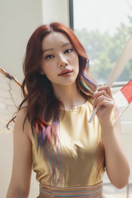 (((best quality,masterpiece,Ultra Details))),(((high quality photography, Canon EOS R3, photorealistic))),Slim Asian female,1girl,solo,((real skin texture, detailed skin, eyeliner, nail polish, lipstick, make up, modern fashion dress)),(multicolored hair,two side up,hair wings,hair between eyes,Happy,Presenting,holding_flag,zoomed in,Looking At Screen,worm's eye view,Golden Ratio,Fresco lighting:1.276),