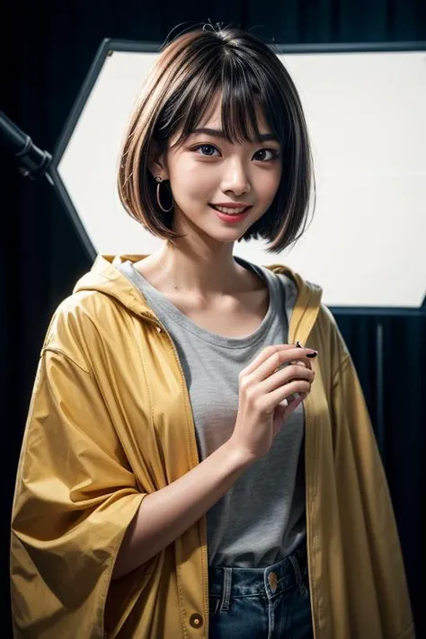 ((masterpiece)),((bestquality)),8k,high detailed,ultra-detailed,photography,award winning,documentary,Original Photo,Realisticity,(simple background:1.35),
1girl,solo,asian slim girl,thin girl,solo,beautiful face,real skin texture,well-proportioned hands,medium full shot,(different face features:1.45),earrings,random color nail polish,makeup,eyeliner,eyelashes,(random color lips),colored inner hair,swept bangs,straight hair,Bob Cut,Crazy Smile,Open Mouth,[hood|skirt  under  kimono|denim  shorts|raincoat],
([Glare-free lighting|Tungsten lighting|mood lighting|Leko lighting]),(in the studio,[Golden Ratio|Portrait|Cinematic Shot]),dynamic angle,|holding food|bandaged arm|Parody|Fighting],<lora:add_detail:1>,<lora:muscle_slider_v1:-0.4>,<lora:weight_slider_v2:-0.35>,golden eyes,