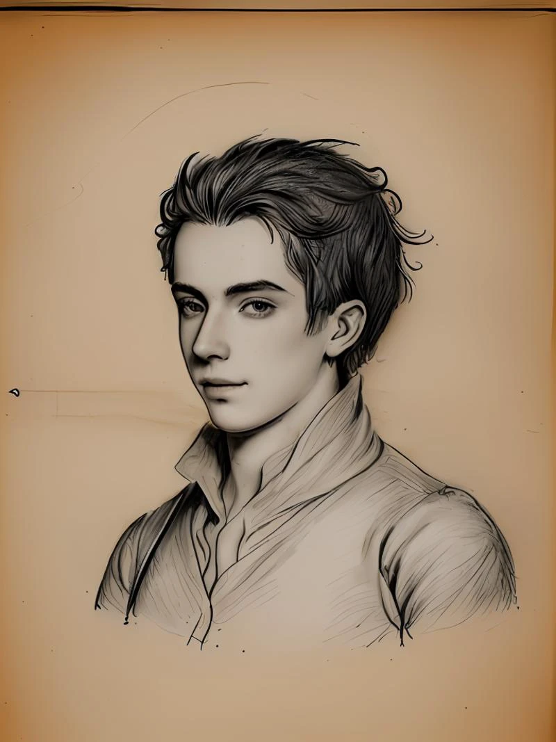 forgotten_pages a drawing of a handsome young man, upper body, looking at viewer, annotations <lora:forgotten_pages:0.8>