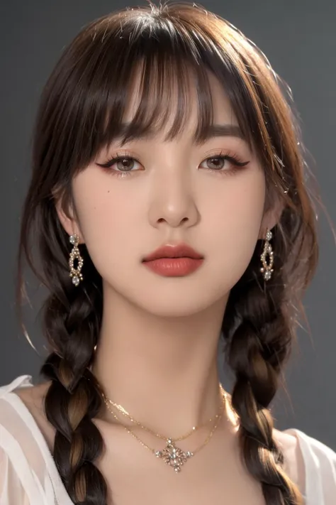 (masterpiece:1.21),(bestquality:1.21),8k,high detailed,ultra-detailed,depth of field,wide angle,1girl,beautiful face,Graceful Hands,Real Skin Texture,solo,watch to the viewer,Long hair,black hair,clean background trending,[Golden Ratio|Portrait|Cinematic Shot],(portrait photo of a gray backdrop),black eyes,beautiful detailed eyes,random_color_lipstick,eyeliner,eyelashes,random_color_nail_polish,earrings,necklace,Medium brown Hair,braid,messy hair,parted bangs,upper body,Close Mouth,Happy Halloween,(in the studio),