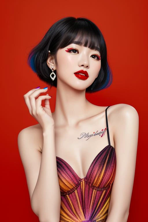 (((masterpiece))),((bestquality)),8k,high detailed,ultra-detailed,photography,award winning,documentary,Original Photo,Realisticity,(EOS R8,50mm,F1.2,8K,RAW photo:1.2),(Radom simple color background:1.35),1girl,(solo),slim asian girl,beautiful face,slim body,((real skin texture)),(well-proportioned hands),((random color dress)),makeup foundatiom,eyeliner,eyelashes,random color lipstick,random color nail polish,makeup,earring,Giggling,Black Hair,swept bangs,undercut with Tattoos,two side up,