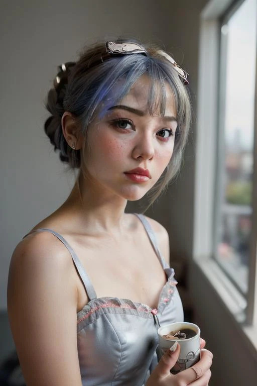 (((best quality,masterpiece,Ultra Details))),(((high quality photography, Canon EOS R3, photorealistic))),Slim Asian female,1girl,solo,((real skin texture, detailed skin, eyeliner, nail polish, lipstick, make up, modern fashion dress)),(Silver grey Hair,bow-shaped hair,drill hair,parted bangs,Angry,Riding,holding cup,zoomed in,Sideways Glance,selfie,S-Shaped Composition,Multi-point lighting:1.276),