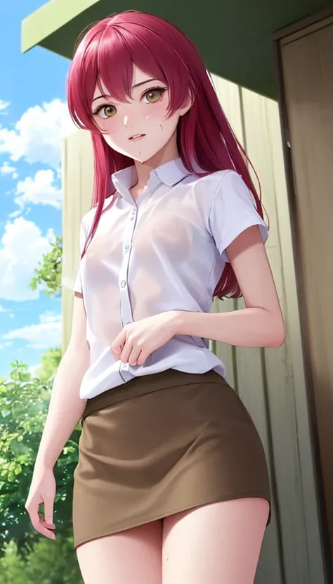 1girl, solo, <lora:v2_YusaEmi-000012:0.9>, yusaEmi, highres, hdr, (((best quality, masterpiece))), ultra detailed illustration, extremely detailed face, small breasts, sweat, white shirt, see-through, short sleeves, skirt, pose, hot summer day, cowboy shot