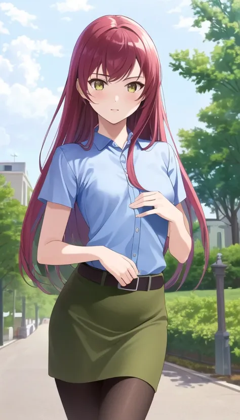 1girl, solo,<lora:v2_YusaEmi-000012:0.85>, yusaEmi, highres, hdr, (((best quality, masterpiece))), realistic, ultra detailed illustration, extremely detailed face, small breasts, blue shirt, short sleeves, belt, green skirt, pantyhose, pose, cowboy shot