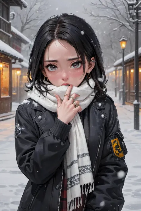 high resolution, best quality, 4k, sam yang,1girl,black eyes,black hair,covering mouth,earrings,hand over own mouth,jacket,jewelry,looking at viewer,multiple rings,portrait,ring,scarf,snowing,solo,white scarf,, full body portrait, amazing details, striking eyes, perfect face