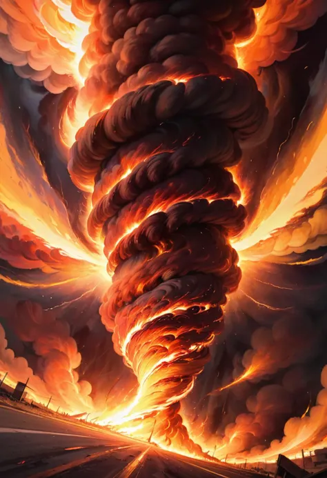 An abstract expressionist painting of a fire tornado, using swirling brush strokes to capture the chaotic beauty of combustion, high resolution, best quality, 4k