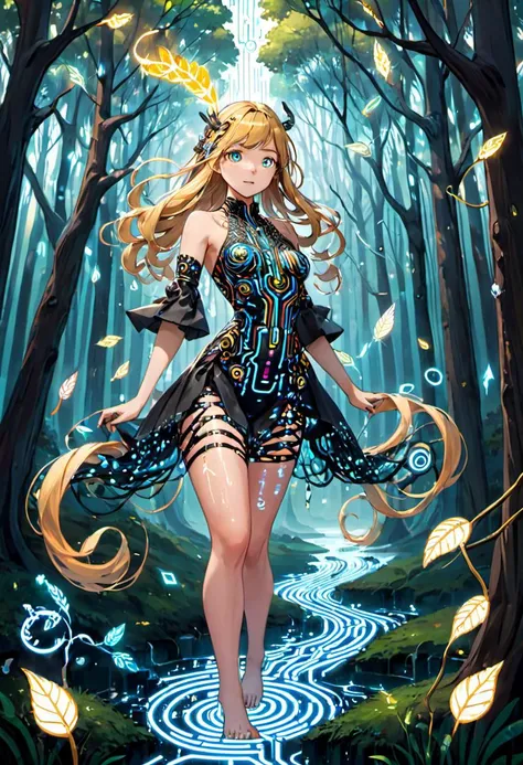 high resolution, (aburdres:1.4), aburd res, high quality, best quality,, (8k, 4k, intricate), (full-body-shot:1), (Cowboy-shot:1.2), (85mm), (highly detailed:1.2), (detailed face:1.2), (gradients), nsfw, colorful, (detailed eyes:1.2), (detailed landscape), (detailed background), (dynamic angle:1.2), (dynamic pose:1.2), (Line of action:1.2), A forest where the trees are made of cascading binary code, and the leaves are various icons and symbols from different programming languages. The ground is a circuit board, and rivers flow with liquid code. Ethereal creatures made of light wander, embodying different algorithms and data structures. Style: Cybernetic-natural fusion.