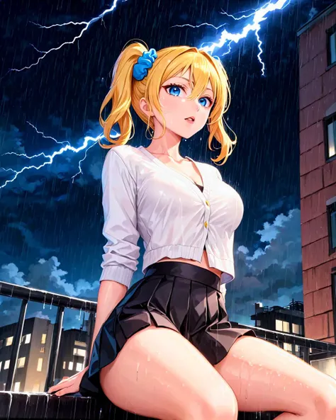 (masterpiece:1.2, best quality:1.1, highres,absurdres, high quality),(photorealistic:1.1),reflected light, colorful,ultra-detailed,8k, ultra hd, super detailed,
(hayasaka ai), blonde hair,light blue eyes, BREAK, shuuchiin academy school uniform,collarbone, black skirt, white shirt,(cardigan around waist),one blue scrunchie,school, (rooftop), rain, wet shirt, wet hair, sitting, hand on hip, night sky, night,dark, lightning, from below,
<lora:Hayasaka_Ai:1.2>