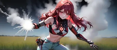 (A visually stunning, intricately designed robotic woman:1.4), (her form a harmonious blend of advanced mechanics and artistry, featuring a polished metallic finish with elegant, fluid lines), (captivating, lifelike features gently illuminated by internal light sources, creating a mesmerizing, ethereal appearance) (with extremely long flowing Ruby Red hair, wires showing, wearing Pastel patchwork jeans with a kawaii character crop top:1.2), (fight in a field of geysers combatants timing their moves with eruptions of steam and boiling water:1.3) UHD, 4k, cinematic, highly detailed face, (<lora:UltraBlackhole_Tech_XL:1.0> ulblackholetech, excessive energy, scifi:1.3), (action packed:1.3)
