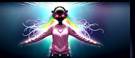 (A visually stunning, intricately designed robotic woman:1.4), (her form a harmonious blend of advanced mechanics and artistry, featuring a polished metallic finish with elegant, fluid lines), (captivating, lifelike features gently illuminated by internal light sources, creating a mesmerizing, ethereal appearance) (with extremely long flowing Unicorn Multi-colored Pastel hair, wires showing, wearing Pastel pink jumper with a heart-shaped pocket, paired with skinny jeans:1.2), (stealthy infiltration of a high-security underwater lab, with divers using cloaking devices:1.3) UHD, 4k, cinematic, highly detailed face, (<lora:UltraBlackhole_Tech_XL:1.0> ulblackholetech, excessive energy, scifi:1.3), (action packed:1.3)