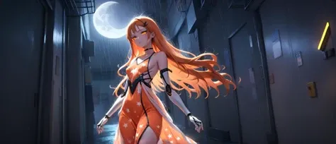 (A visually stunning, intricately designed robotic woman:1.4), (her form a harmonious blend of advanced mechanics and artistry, featuring a polished metallic finish with elegant, fluid lines), (captivating, lifelike features gently illuminated by internal light sources, creating a mesmerizing, ethereal appearance) (with extremely long flowing Coral Orange hair, wires showing, wearing Moon and stars printed dress with a velvet choker:1.2), (confrontation in a neon-lit, rain-drenched alleyway, with reflections creating a disorienting effect:1.3) UHD, 4k, cinematic, highly detailed face, (<lora:UltraBlackhole_Tech_XL:1.0> ulblackholetech, excessive energy, scifi:1.3), (action packed:1.3)