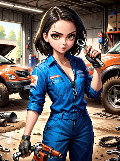 A woman in a mechanic outfit in a dirty garage, modern cartoon, realistic, dirt on face, wrench in hand, zipper open, sharp, best quality, 4k, ultra detailed, best quality, 8k, amazing details