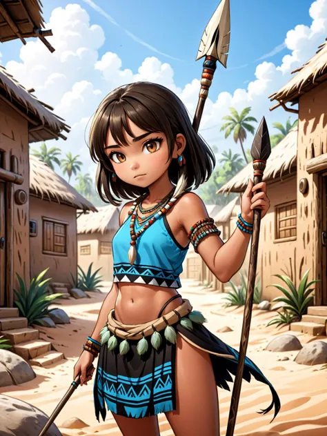 A girl in a sandy village, modern cartoon, realistic, tribal outfit, holding spear, sharp, best quality, 4k, ultra detailed, best quality, 8k, amazing details