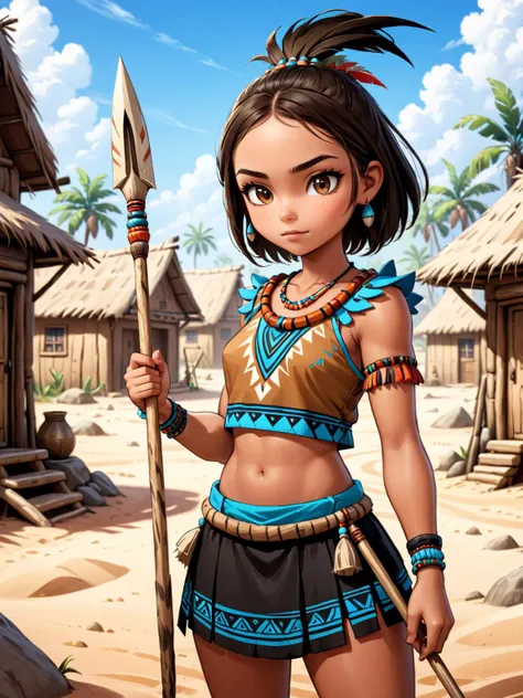 A girl in a sandy village, modern cartoon, realistic, tribal outfit, holding spear, sharp, best quality, 4k, ultra detailed, best quality, 8k, amazing details