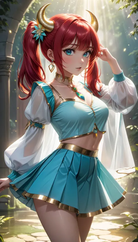 1girl, solo, back light, rainbow, aqua eyes, fake horns, red hair, long hair, crop top, jewelry, horns, veil, bracer, brooch, puffy long sleeves, skirt, bangs, low twintails, puffy sleeves, neck ring, gold trim, parted bangs, arm up, blue skirt, hair ornament, detached sleeves, floating hair, gem, hair flower, blue gemstone
