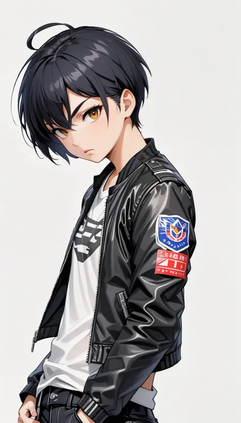 1boy, black hair, white background, short cut hair, leather jacket, tshirt, upper body, detailed shape, detailed line, art of fighting attitude, color manga style