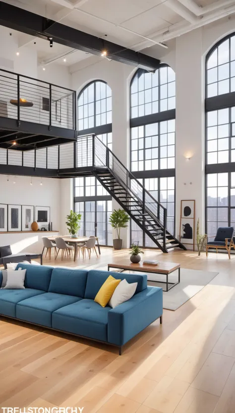 real estate photography style of a modern loft, professional, inviting, well-lit, high-resolution, property-focused, commercial, highly detailed