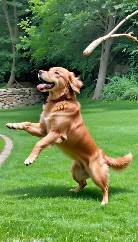 Golden retriever jumping to catch a stick