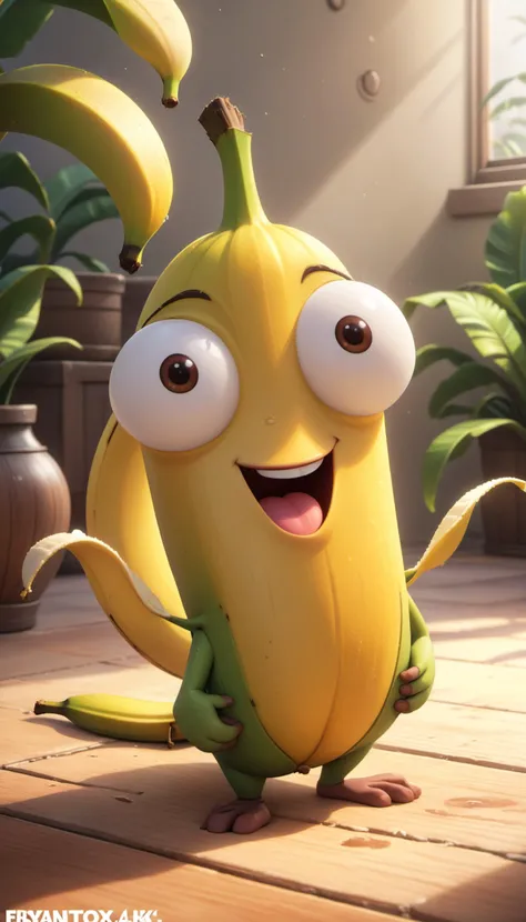 a happy cartoon banana fruit, Pixar Style, perfect composition, 8k artistic photography, photorealistic concept art, masterpiece