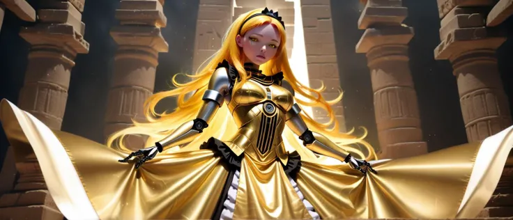 (A visually stunning, intricately designed robotic woman:1.4), (her form a harmonious blend of advanced mechanics and artistry, featuring a polished metallic finish with elegant, fluid lines), (captivating, lifelike features gently illuminated by internal light sources, creating a mesmerizing, ethereal appearance) (with extremely long flowing Gold Yellow hair, wires showing, wearing Maid costume inspired dress with a headband:1.2), (dramatic showdown atop ancient pyramid, with a panoramic view of a sprawling jungle below:1.3) UHD, 4k, anime, highly detailed face, (<lora:- SDXL -_let_it_flourish_V1.0:1.0> stylehelper letitflrsh:1.3), (action packed:1.3)