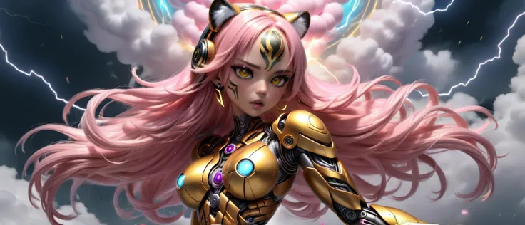 (A visually stunning, intricately designed robotic woman:1.4), (her form a harmonious blend of advanced mechanics and artistry, featuring a polished metallic finish with elegant, fluid lines), (captivating, lifelike features gently illuminated by internal light sources, creating a mesmerizing, ethereal appearance) (with extremely long flowing Tiger Eye Gold hair, wires showing, wearing Fuzzy earmuffs and pastel-colored winter coat:1.2), (aerial dogfight with characters piloting fantasy creatures through towering cloud formations and lightning strikes:1.3) UHD, 4k, anime, highly detailed face, (<lora:SDXLCottonCandy:1.0> in the style of Cottoncandy:1.3), (action packed:1.3)