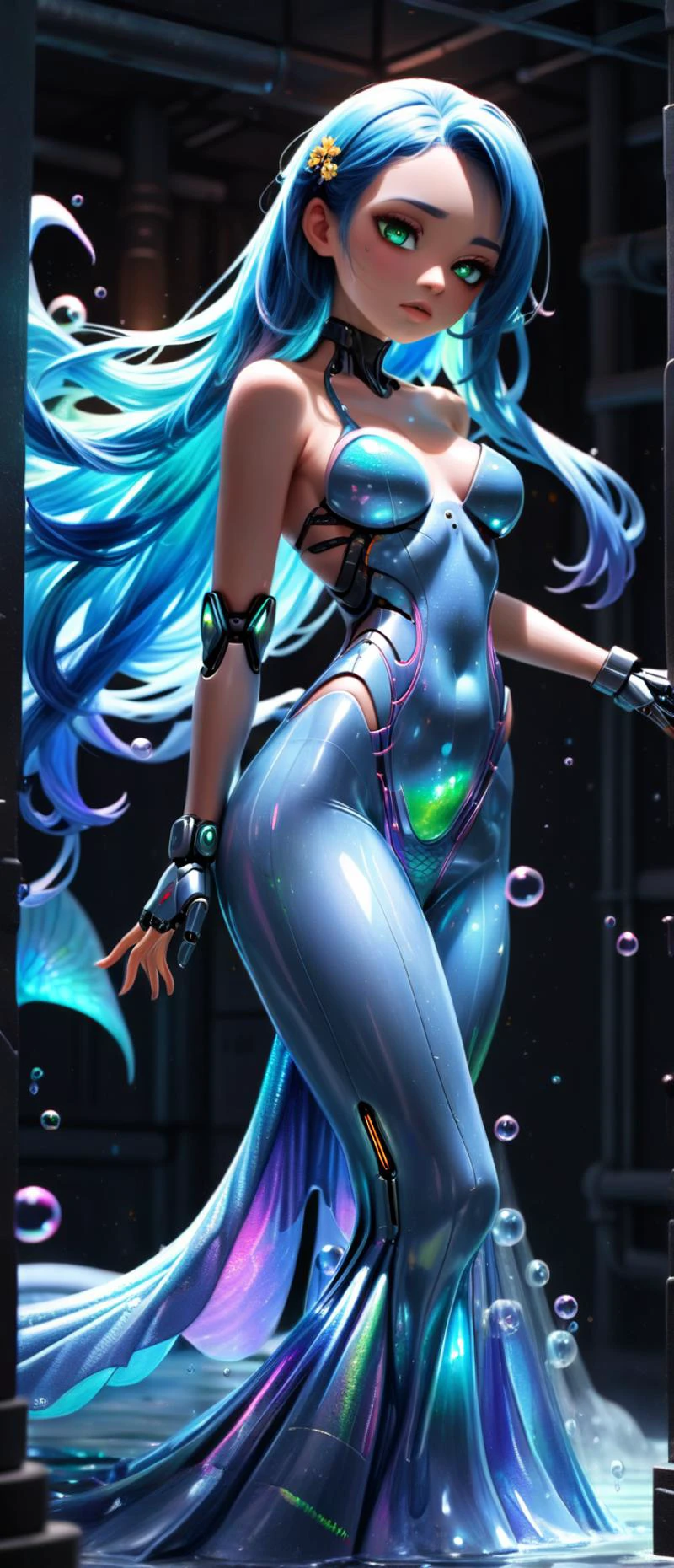 (A visually stunning, intricately designed robotic woman:1.4), (her form a harmonious blend of advanced mechanics and artistry, featuring a polished metallic finish with elegant, fluid lines), (captivating, lifelike features gently illuminated by internal light sources, creating a mesmerizing, ethereal appearance) (with extremely long flowing Mermaid Blue hair, wires showing, wearing Iridescent bubble dress with light-up hair accessories:1.2), (escape from a labyrinthine bunker as it fills with toxic gas:1.3) UHD, 4k, anime, highly detailed face, (<lora:FaeTastic2:1.0> faetastic:1.3), (action packed:1.3)
