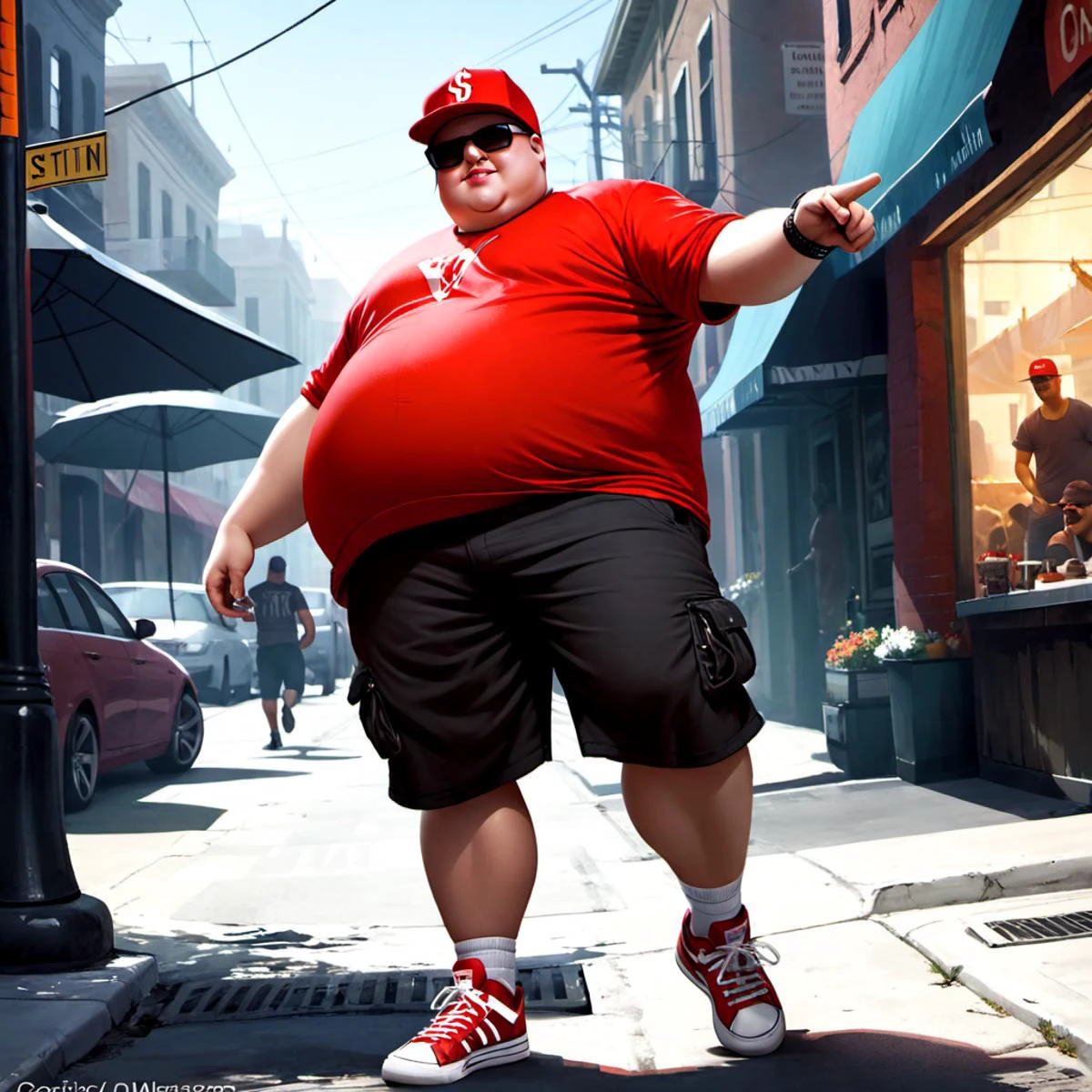 (very fat mortally obese boy), mortally obese,
(red baseball hat, red t-shirt, black shorts, white sneakers, sun glasses, clean shaved:1.1), rapping on the street, (gansta pose, swag pose:1.1), (dynamic angle:1.2), (dynamic pose:1.2), full body, detailed anatomy, detailed face,
set in modern los angeles, on the beach, random people in the background, <lora:skin_texture_v2:0.8>, (((semi-realistic illustration))), (Modern Fantasy:1.3), (dark fantasy:1.1), (illustration:1.5), <lora:3DMM_V12:1>, <lora:add_detail:1.5>