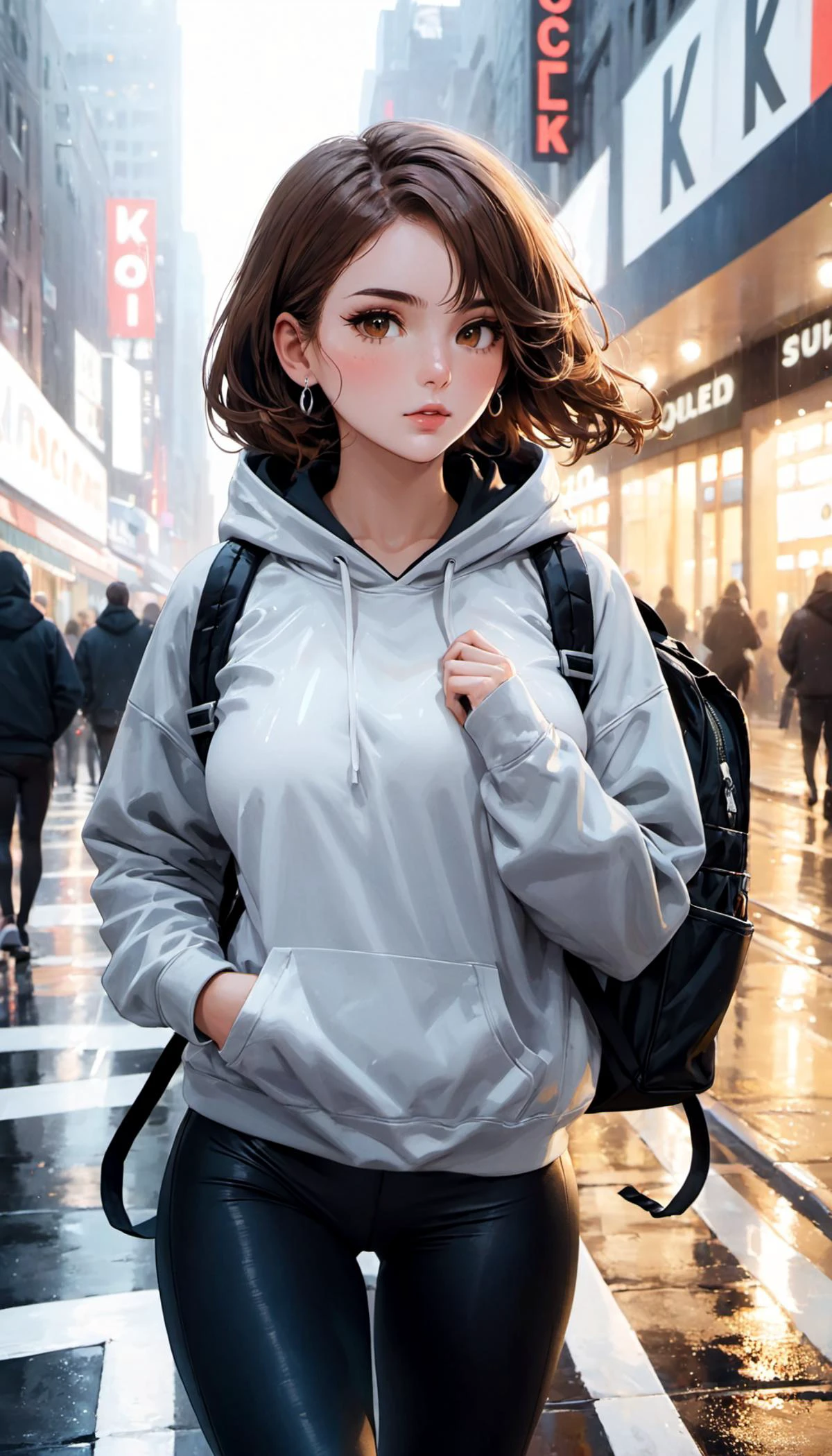 cinematic still photograph cinematic still (masterpiece), (best quality), (ultra-detailed), (beautiful 18 year old woman, d-cup breasts, perfect body, brown hair, hazel eyes, plump lips, light freckles:1.1),
(white sneakers, black leggings, grey hoodie, black backpack:1.4), walking down the street, (dynamic angle:1.2), (dynamic pose:1.2), line of action, detailed anatomy, detailed face,
set in New York, on the street, detailed hands and fingers, detailed anatomy, detailed skin, <lora:skin_texture_v2:0.8>, illustration, disheveled hair, detailed eyes, perfect composition, moist skin, intricate details, earrings, by wlop, ((detailed)), ((masterpiece)), ((best quality)), ((Astounding)), ((Enchanting)), ((Striking)),, (((semi-realistic illustration))), (Modern Fantasy:1.3), (dark fantasy:1.1), (illustration:1.5), intricately detailed, intricately detailed, (amazing details:1.2), <lora:3DMM_V12:1>, <lora:add_detail:1.5> . emotional, harmonious, vignette, 4k epic detailed, shot on kodak, 35mm photo, sharp focus, high budget, cinemascope, moody, epic, gorgeous, film grain, grainy",, 50mm . cinematic 4k epic detailed 4k epic detailed photograph shot on kodak detailed cinematic hbo dark moody, 35mm photo, grainy, vignette, vintage, Kodachrome, Lomography, stained, highly detailed, found footage . emotional, harmonious, vignette, highly detailed, high budget, bokeh, cinemascope, moody, epic, gorgeous, film grain, grainy
