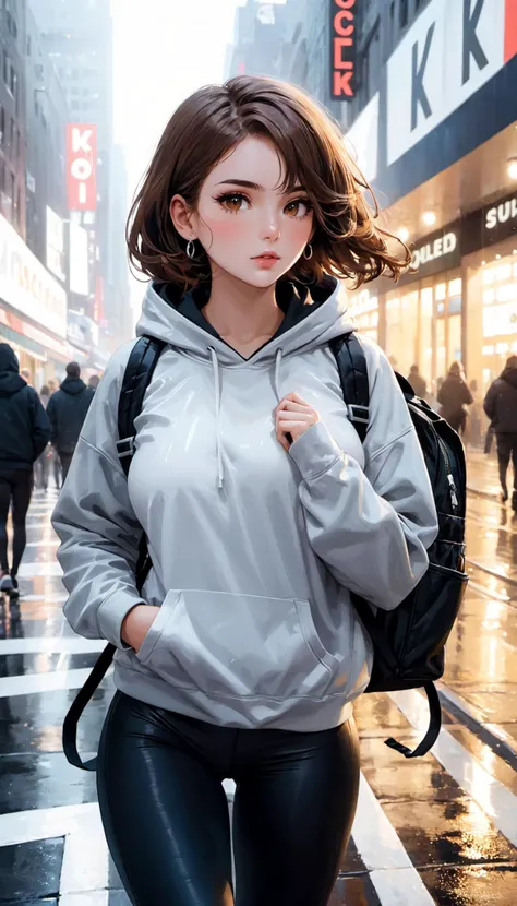 cinematic still photograph cinematic still (masterpiece), (best quality), (ultra-detailed), (beautiful 18 year old woman, d-cup breasts, perfect body, brown hair, hazel eyes, plump lips, light freckles:1.1),
(white sneakers, black leggings, grey hoodie, black backpack:1.4), walking down the street, (dynamic angle:1.2), (dynamic pose:1.2), line of action, detailed anatomy, detailed face,
set in New York, on the street, detailed hands and fingers, detailed anatomy, detailed skin, <lora:skin_texture_v2:0.8>, illustration, disheveled hair, detailed eyes, perfect composition, moist skin, intricate details, earrings, by wlop, ((detailed)), ((masterpiece)), ((best quality)), ((Astounding)), ((Enchanting)), ((Striking)),, (((semi-realistic illustration))), (Modern Fantasy:1.3), (dark fantasy:1.1), (illustration:1.5), intricately detailed, intricately detailed, (amazing details:1.2), <lora:3DMM_V12:1>, <lora:add_detail:1.5> . emotional, harmonious, vignette, 4k epic detailed, shot on kodak, 35mm photo, sharp focus, high budget, cinemascope, moody, epic, gorgeous, film grain, grainy",, 50mm . cinematic 4k epic detailed 4k epic detailed photograph shot on kodak detailed cinematic hbo dark moody, 35mm photo, grainy, vignette, vintage, Kodachrome, Lomography, stained, highly detailed, found footage . emotional, harmonious, vignette, highly detailed, high budget, bokeh, cinemascope, moody, epic, gorgeous, film grain, grainy