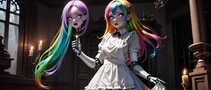 (A visually stunning, intricately designed robotic woman:1.4), (her form a harmonious blend of advanced mechanics and artistry, featuring a polished metallic finish with elegant, fluid lines), (captivating, lifelike features gently illuminated by internal light sources, creating a mesmerizing, ethereal appearance) (with extremely long flowing Pastel Rainbow hair, wires showing, wearing Cute apron-style dress with a peter pan collar shirt:1.2), (supernatural confrontation in a haunted mansion, with characters using ancient artifacts to combat ghosts and ghouls:1.3) UHD, 4k, anime, highly detailed face, (<lora:samdoesart:1.0> samdoesart:1.3), (action packed:1.3)