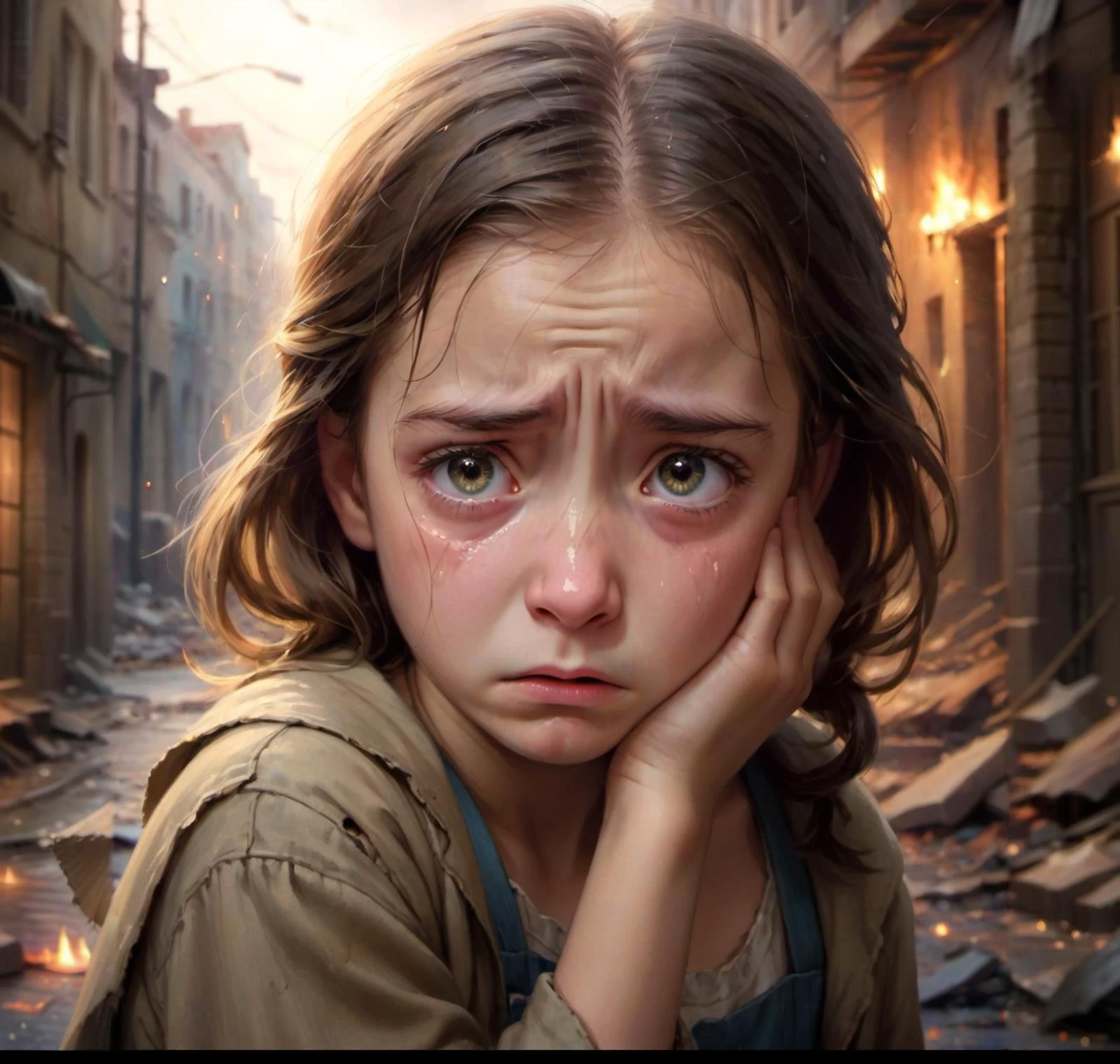 Ultra-realistic photo, vibrant color, 9 yo girl, (full of tears and grief:1.6), close-up, solo, (expressive eyes:1.3), world war 2, sorrowful expression, high detail, indoor, background damaged streets, depth of field, soft lighting, a girl overwhelmed with emotion, cries, <lora:godoil:0.4><lora:add-detail-xl:1.0>