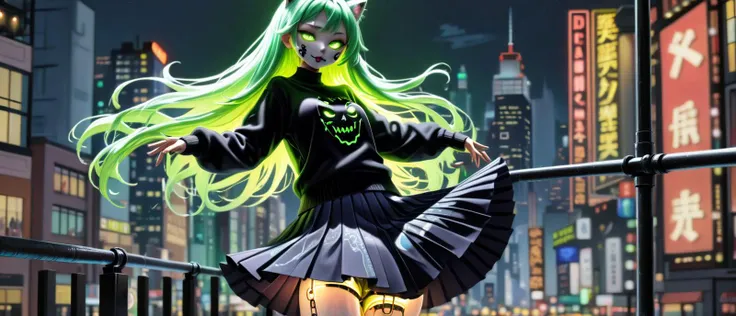 (A visually stunning, intricately designed robotic woman:1.4), (her form a harmonious blend of advanced mechanics and artistry, featuring a polished metallic finish with elegant, fluid lines), (captivating, lifelike features gently illuminated by internal light sources, creating a mesmerizing, ethereal appearance) (with extremely long flowing Neon Green hair, wires showing, wearing Embroidered cat face sweater with a pleated skirt:1.2), (high-tension wire-walking act over a city, with a character performing death-defying stunts against a backdrop of city lights:1.3) UHD, 4k, anime, highly detailed face, (<lora:FaeTastic2:1.0> faetastic:1.3), (action packed:1.3)