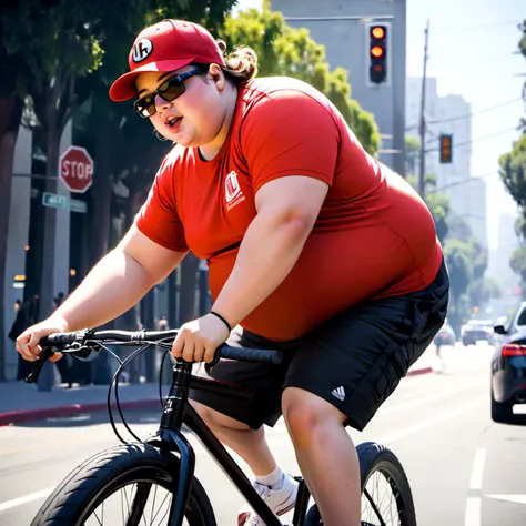 (very fat mortally obese 16 year old boy), mortally obese, 
(red baseball hat, red t-shirt, black shorts, white sneakers, sun glasses, clean shaved:1.1), riding black bicycle, black bicycle, (dynamic angle:1.2), (dynamic pose:1.2), full body, detailed anatomy, detailed face,
set in modern los angeles, on the street, random people in the background, <lora:skin_texture_v2:0.8>, (((semi-realistic illustration))), (Modern Fantasy:1.3), (dark fantasy:1.1), (illustration:1.5), <lora:3DMM_V12:1>, <lora:add_detail:1.5>