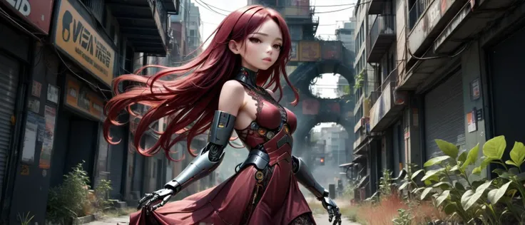 (A visually stunning, intricately designed robotic woman:1.4), (her form a harmonious blend of advanced mechanics and artistry, featuring a polished metallic finish with elegant, fluid lines), (captivating, lifelike features gently illuminated by internal light sources, creating a mesmerizing, ethereal appearance) (with extremely long flowing Burgundy Red hair, wires showing, wearing Layered lace dress with a cute animal-shaped purse:1.2), (combat scene in overgrown post-apocalyptic city nature reclaiming the urbenvironment:1.3) UHD, 4k, anime, highly detailed face, (<lora:UltraBlackhole_Tech_XL:1.0> ulblackholetech, excessive energy, scifi:1.3), (action packed:1.3)