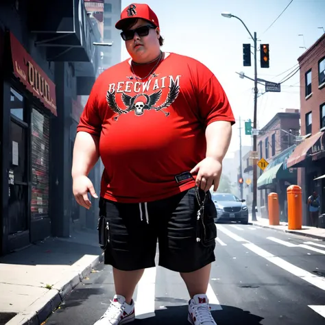 (very fat mortally obese 16 year old boy), mortally obese, 
(red baseball hat, red t-shirt, black shorts, white sneakers, sun glasses, clean shaved:1.1), standing on the street, gansta pose, swag pose, (dynamic angle:1.2), (dynamic pose:1.2), full body, detailed anatomy, detailed face,
set in modern los angeles, on the street, random people in the background, <lora:skin_texture_v2:0.8>, (((semi-realistic illustration))), (Modern Fantasy:1.3), (dark fantasy:1.1), (illustration:1.5), <lora:3DMM_V12:1>, <lora:add_detail:1.5>