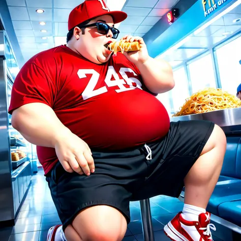 (very fat mortally obese 16 year old boy), mortally obese,
(black short hair, red baseball hat, red t-shirt, black shorts, white sneakers, sun glasses, clean shaved:1.1), eating noodles with cheese, noodles with cheese, (gansta pose, swag pose:1.1), (dynamic angle:1.2), (dynamic pose:1.2), full body, detailed anatomy, detailed face,
set in modern los angeles, inside a fastfood restaurant, <lora:skin_texture_v2:0.8>, (((semi-realistic illustration))), (Modern Fantasy:1.3), (dark fantasy:1.1), (illustration:1.5), <lora:3DMM_V12:1>, <lora:add_detail:1.5>