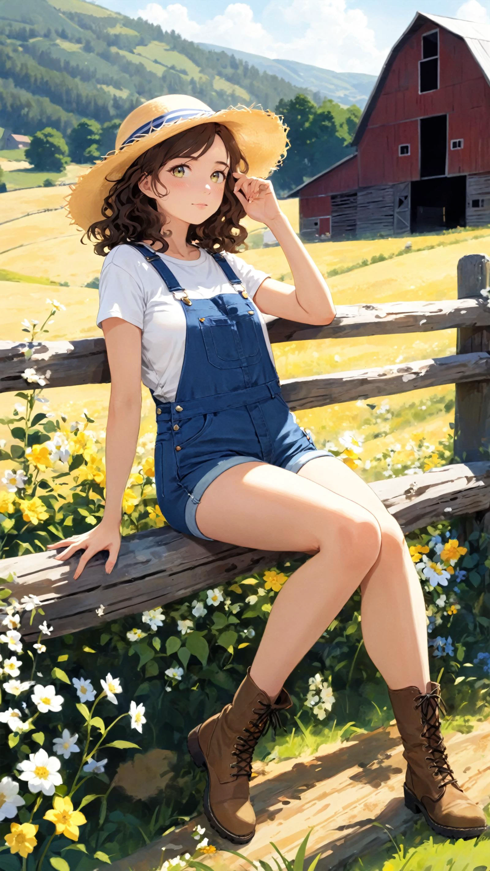 (quaint countryside setting, summer day), young adult female, rustic casual summer fashion, (sitting on a wooden fence), thoughtful and serene pose, shoulder-length curly hair, light, sun-kissed makeup, (denim overalls over a simple white t-shirt), comfortable boots, (holding a straw hat), (background: rolling hills, a distant barn, wildflowers), soft sunlight, (sense of relaxation and connection with the rural landscape)