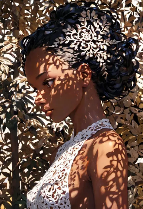 1girl, ebony woman, featuring intricate details, 
best quality, masterpiece, intricate detail , high environment detail, scatter density, high shadow detail