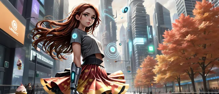 (A visually stunning, intricately designed robotic woman:1.4), (her form a harmonious blend of advanced mechanics and artistry, featuring a polished metallic finish with elegant, fluid lines), (captivating, lifelike features gently illuminated by internal light sources, creating a mesmerizing, ethereal appearance) (with extremely long flowing Autumn Maple Brown hair, wires showing, wearing Cupcake graphic tee with a sprinkle-print circle skirt:1.2), (intense chase through a bustling futuristic city, with characters using jetpacks to navigate between skyscrapers:1.3) UHD, 4k, anime, highly detailed face, (<lora:FaeTastic2:1.0> faetastic:1.3), (action packed:1.3)