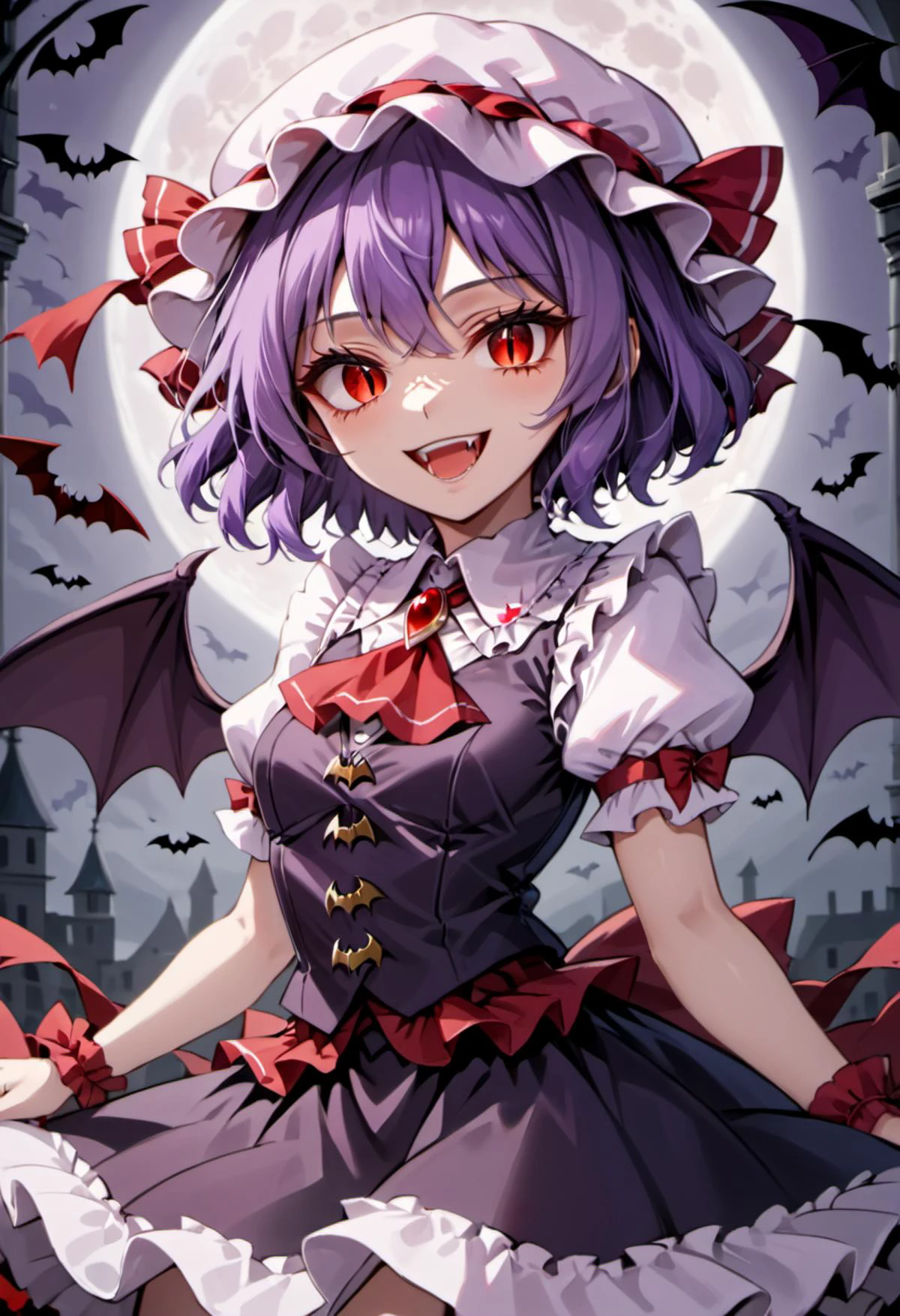 sensitive, 1girl, solo, looking at viewer, smile, open mouth, short hair, shirt, skirt, red eyes, hat, ribbon, jewelry, purple hair, short sleeves, frills, wings, puffy sleeves, vest, puffy short sleeves, ascot, blood, moon, mob cap, hat ribbon, bat wings, slit pupils, brooch, skirt set, full moon, bat (animal), remilia scarlet, (masterpiece, best quality)