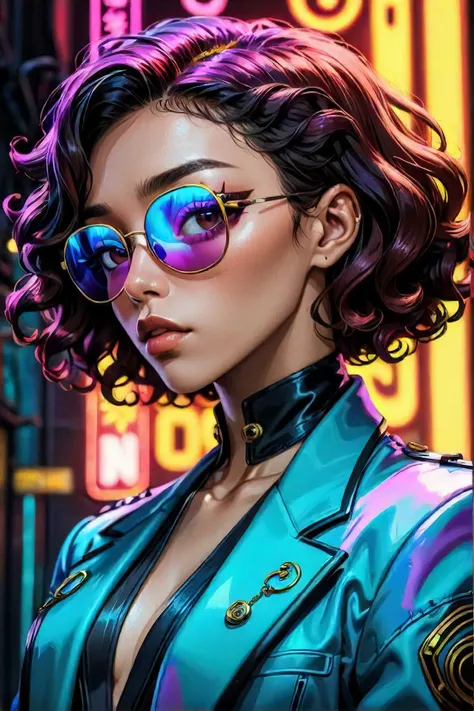 a close up of a person wearing a suit and sunglasses, cyberpunk neon lights, photo in style of tyler mitchell, curls on top of his head, kim doyoung, wearing a fancy jacket, posing in dramatic lighting, chungking express color palette, inspired victorian sci fi, cinematic shot epic portraits, synthwave aesthetic