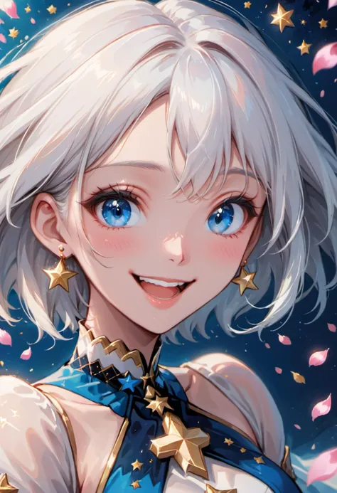 general, 1girl, solo, looking at viewer, blush, smile, open mouth, short hair, blue eyes, jewelry, white hair, :d, earrings, teeth, star (symbol), petals, blue background, portrait, falling petals, star earrings, (masterpiece, best quality)