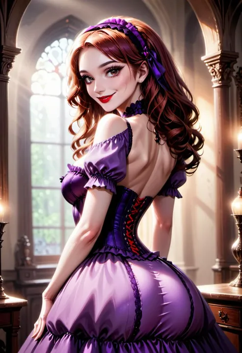 from behind,1girl,esmeralda,red lips,hairband,bare shoulders,dress,puffy short sleeves,corset,purple skirt,ass,smile,parted lips,victorian town square,looking at viewer,volumetric lighting,realistic