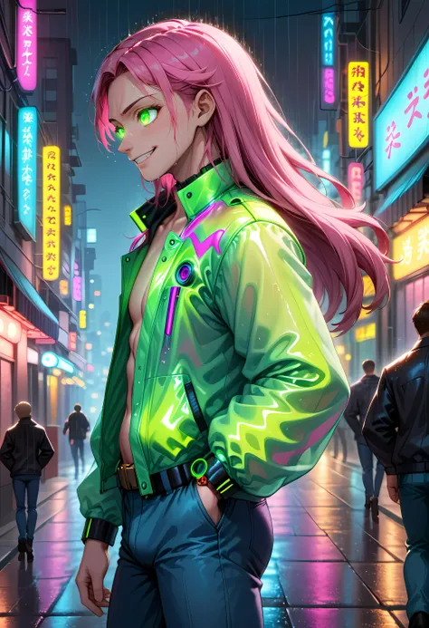 (close up, from side, upperbody shot:1.3), face focus, high resolution, highres, best quality, 4k. Intricately detailed, amazing details, cyberpunk, young man, pants bulge, walking down the street, neoTokyo, grin, hands in pockets, cyborg, glowing eyes, lightly (toned:0.8), handsome, pink hair, long hair, green eyes, jacket, no shirt, pants, belt, watch, neon, night, rain,