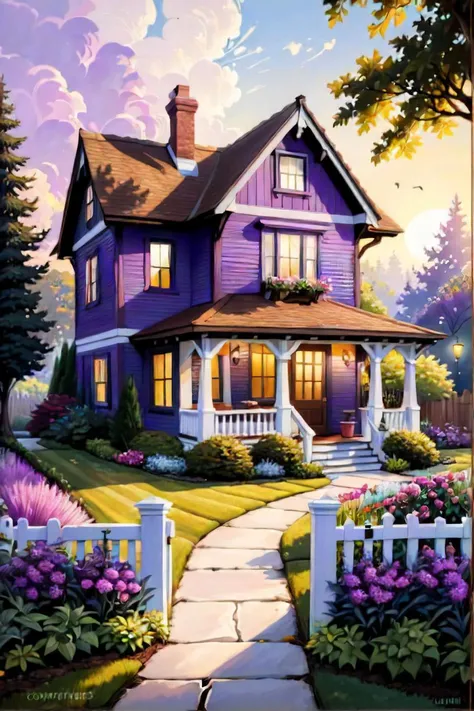 purple house with a white picketer and a garden, beautiful realistic painting, beautiful lighting, inspired by dorothy burroughes, photo realistic wallpaper, craftsman home, puzzle art
