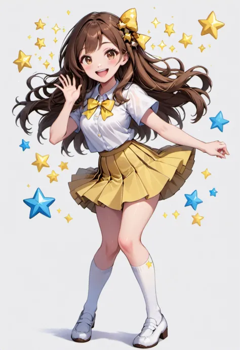 general, 1girl, solo, long hair, looking at viewer, blush, smile, open mouth, shirt, skirt, brown hair, white background, bow, brown eyes, standing, white shirt, full body, short sleeves, :d, hair bow, pleated skirt, teeth, shoes, socks, hand up, star (symbol), blue skirt, sparkle, kneehighs, upper teeth only, white socks, white footwear, white skirt, yellow bow, round teeth, yellow skirt, (masterpiece, best quality)