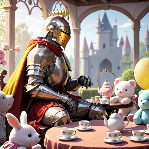 high resolution, best quality, 4k, ((Solaire)),A knight sitting at a ((tea party)),with ((cute stuffed animals)),atmospheric Sharp focus,colors,concept art,trending on artstation,Vivid colors,extremely detailed CG unity wallpaper,trending on ArtStation,trending on CGSociety,Intricate,High Detail,absurdes